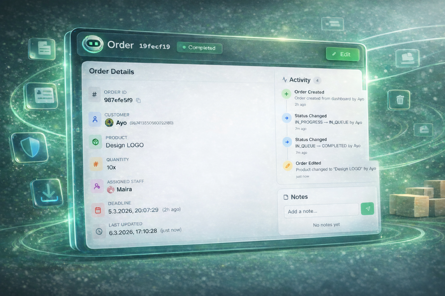 OrderBuddy Order Detail — Order details panel with customer info, activity timeline, and notes