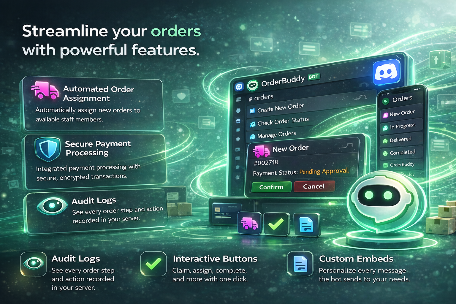OrderBuddy features — Automated order assignment, audit logs, interactive buttons, and custom embeds